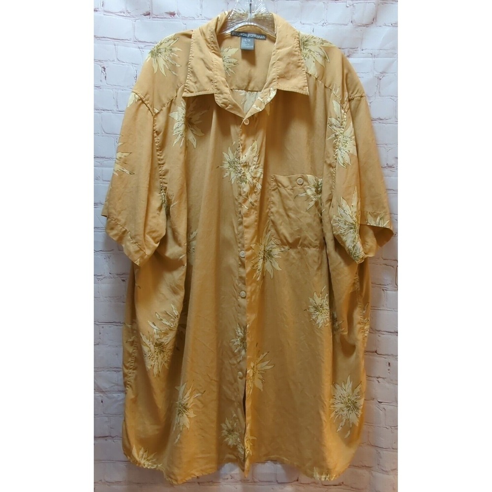 George Foreman 100% Silk 2XB 2X men's button front shirt tan yellow flowers